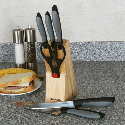SUNBEAM® Durant 7-Piece Cutlery Set - You'll always have the right knife for the job with this 7-piece stainless steel cutlery set! Includes 6" boning knife, 8" chef's knife, 5" utility knife, bread knife, kitchen shears and 3.5" paring knife.