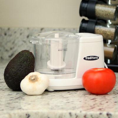 PROCTOR SILEX® Traditions™ Food Chopper - Perfect for chopping vegetables or making salsa, this 1.5 cup capacity chopper packs a lot of power in a little bit of space.  Features pulse speed control, dishwasher safe bowl, lid and blade.